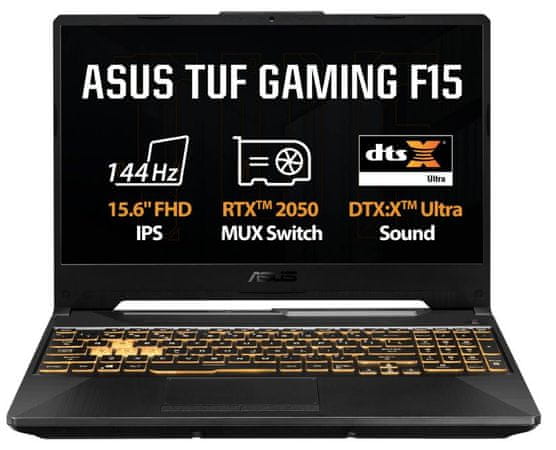 herní notebook Asus TUF Gaming F15 FX506HF-HN004 15,6 palců Full HD IPS displej Intel Core i5 11 generace NVIDIA GeForce RTX 2050 WiFi 6 802.11 ax 512 GB SSD 16GB RAM DDR4 zvuk DTS Ultra Smart Amplifier certifikovaná odolnost vojenská MIL-STD-810