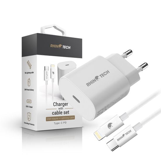 RhinoTech 25W PD nabíjecí adaptér s kabelem USB-C na Lightning 27W 1M RTACC387, bílá