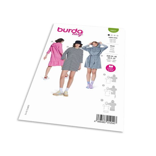 Burda Střih Burda 5851 - Mikinové šaty s kapucí, tričkové šaty