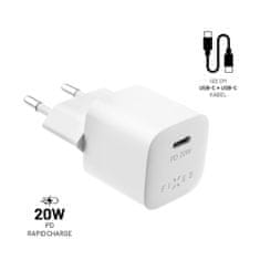 FIXED Set síťové nabíječky Mini s USB-C výstupem a USB-C/USB-C kabelu, podpora PD, 1 metr, 20W, bílý