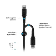 FIXED Nabíjecí a datový Liquid silicone kabel FIXED s konektory USB-C/Lightning a podporou PD, 1.2m, MFI, černý