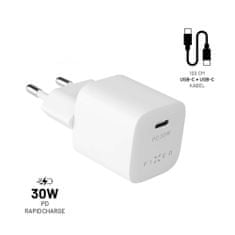 FIXED Set síťové nabíječky Mini s USB-C výstupem a USB-C/USB-C kabelu, podpora PD, 1 metr, 30W, bílý