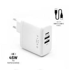 FIXED Set síťové nabíječky s USB-C a 2xUSB výstupem a USB-C/USB-C kabelu, podpora PD, 45W, bílý