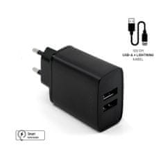 FIXED Set síťové nabíječky FIXED s 2xUSB výstupem a USB/Lightning kabelu, 1m, MFI certifikace, 15W Smart Rapid Charge, černá