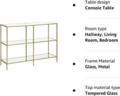 VASAGLE Konzolový stolek skleněný 100x30x73cm zlatý čirý