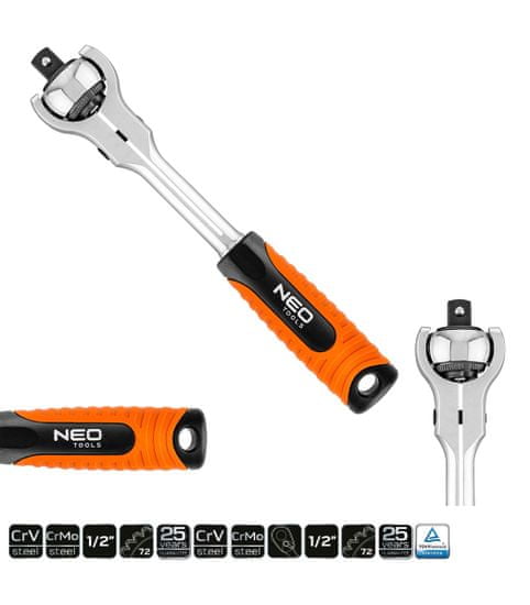 NEO TOOLS  Ráčna 3/8" přepínací otočná hlava 360° 72 zubů, 200mm