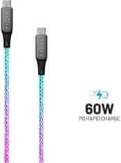 FIXED svítící nabíjecí kabel USB-C - USB-C, PD 60W, 1.2m, duhová