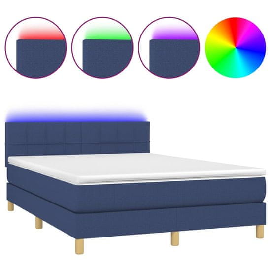 Vidaxl Box spring postel s matrací a LED modrá 140x190 cm textil