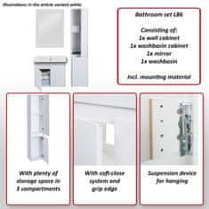 MCW Koupelnová souprava L86, umyvadlo na stěnu se zrcadlem, skříňka pod umyvadlo, MVG, potažená melaminem ~ bílá