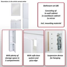MCW Koupelnový set L86, umyvadlo nástěnné zrcadlo závěsná skříňka koupelnový nábytek, MVG melamin potažený ~ bílá