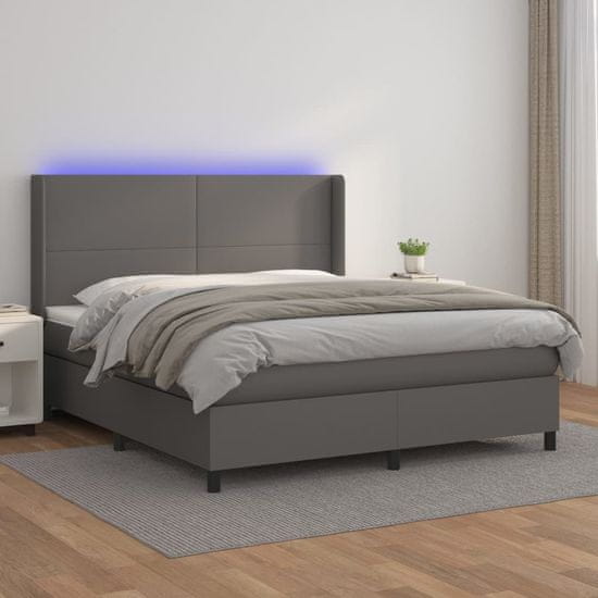 Greatstore Box spring postel s matrací a LED šedá 160x200 cm umělá kůže