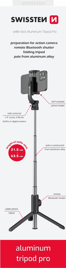 SWISSTEN bluetooth selfie stick aluminum tripod pro