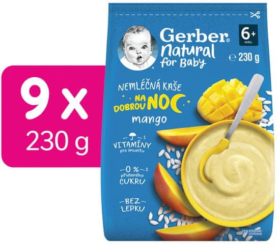 Gerber Natural nemléčná kaše mango Dobrou noc 9x 230 g