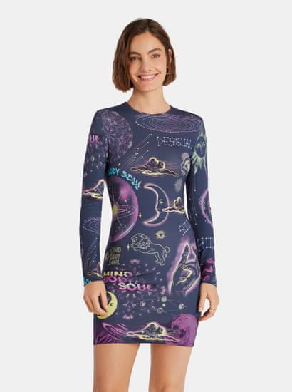 Desigual Fialovo-modré dámské vzorované pouzdrové šaty Desigual Soul Galaxy