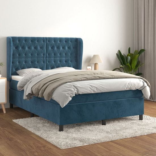 Greatstore Box spring postel s matrací tmavě modrá 140x190 cm samet