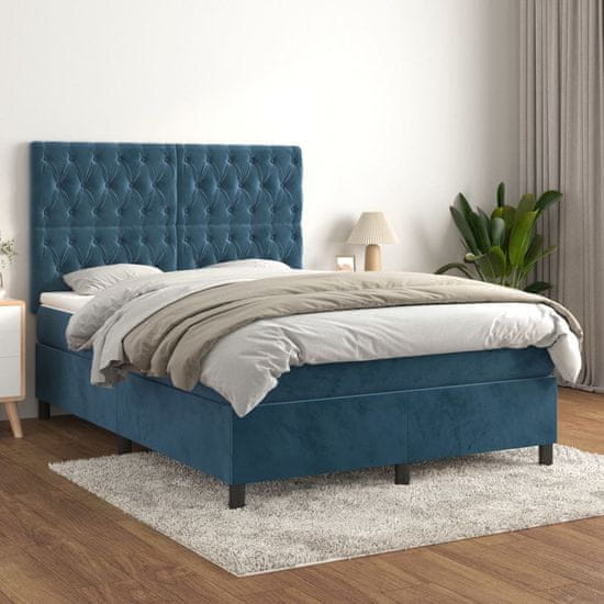 Greatstore Box spring postel s matrací tmavě modrá 140x190 cm samet