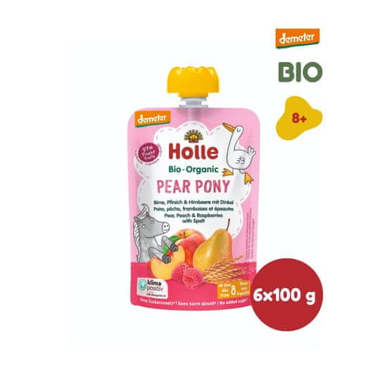 Holle Bio Pear Pony 100% ovocné pyré hruška, broskev, maliny a špalda - 6 x 100g