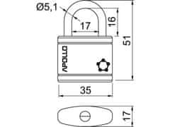 Zámek visací APOLLO 35 3kl. ČRV