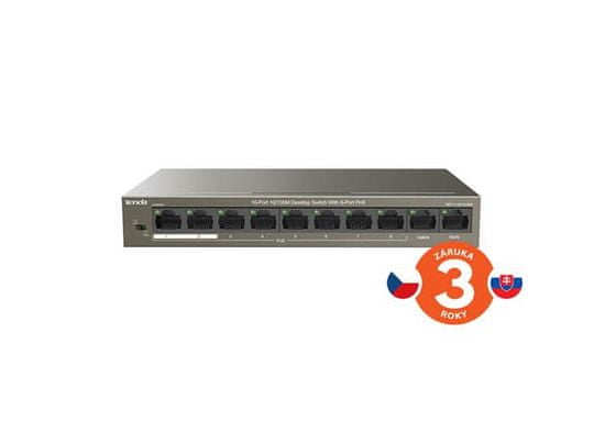 Tenda TEF1110P-8-63W - PoE AT Switch 63Watt, 10xRJ45 Switch s 8x 10/100 Mbps PoE, 2x Uplink, Fanless, Kov