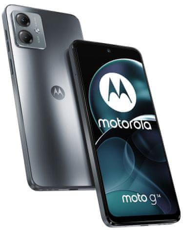 moderní mobilní dotykový telefon smartphone motorola Moto G14 15W rychlonabíjení bleskové nabíjení telefonu 5000 mah baterie výdrž lte wifi Bluetooth 2 sim Dual SIM dedikovaný slot paměťová karta NFC 6,5palcový fullhd+ IPS displej 50mpx fotoaparát google assistant  makro objektiv širokoúhlá kamera výkonný fotoaparát makro hloubkový objektiv Unisoc T616 výkonný procesor LTE 4G Dolby Atmos stereo reproduktory