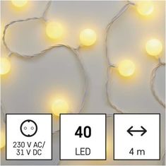 Emos LED světelný cherry řetěz – kuličky 2,5 cm, 4 m, venkovní i vnitřní, teplá bílá, časovač