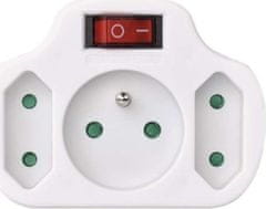 Emos Rozbočovací zásuvka 2× plochá + 1× kulatá s vypínačem, bílá