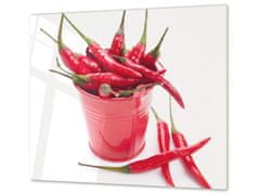 Glasdekor Ochranná deska chilli v červeném kyblíku - Ochranná deska: 55x55cm, Lepení na zeď: S lepením na zeď