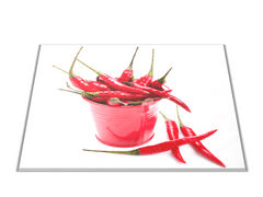 Glasdekor Skleněné prkénko chilli v červeném kyblíku - Prkénko: 30x20cm