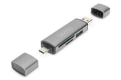 Digitus dvojitá čtečka karet OTG (USB-C + USB 3.0) 1x SD, 1x MicroSD, 1x USB 3.0, šedá