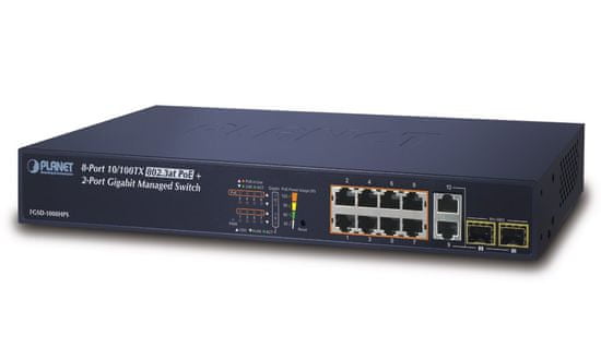 Planet FGSD-1008HPS L2 switch, 8x100Mb, 2x1Gb SFP, 8x PoE 802.3at 125W