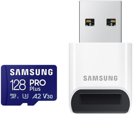 Samsung PRO Plus MicroSDXC 128GB + USB Adaptér / CL10 UHS-I U3 / A2 / V30