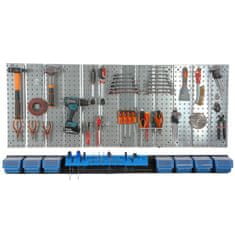 botle Nástěnná police 156x72 cm Kovový úložný systém s držáky na nářadí a 7 stohovací krabice, 120 x 200 x 90 mm barva: modrý