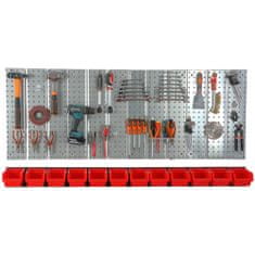 botle Nástěnná police 156x72 cm Kovový úložný systém s držáky na nářadí a 12 stohovací krabice, 120 x 195 x 90 mm barva: červený