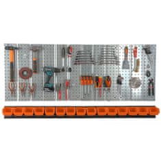 botle Nástěnná police 156x72 cm Kovový úložný systém s držáky na nářadí a 15 stohovací krabice, 100 x 150 x 70 mm barva: oranžový