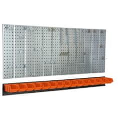 botle Nástěnná police 156x72 cm Kovový úložný systém s držáky na nářadí a 15 stohovací krabice, 100 x 150 x 70 mm barva: oranžový