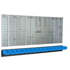 botle Nástěnná police 156x72 cm Kovový úložný systém s držáky na nářadí a 15 stohovací krabice, 100 x 150 x 70 mm barva: modrý
