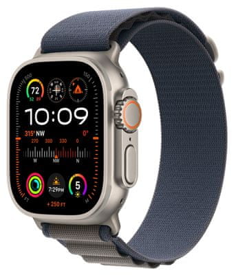 Chytré hodinky Apple Watch Ultra 2 Cellular, 49mm, Retina displej stále zapnutý EKG monitorování tepu srdeční činnosti streaming hudby volání notifikace NFC platby Apple Pay hluk App Store Senzor pro snímání okysličení krve měření fyzické kondice VO2 max siréna ovulace titanové pouzdro 100 metrů voděodolné MIL-STD 810H EN13319 ovládání dvojitým poklepem