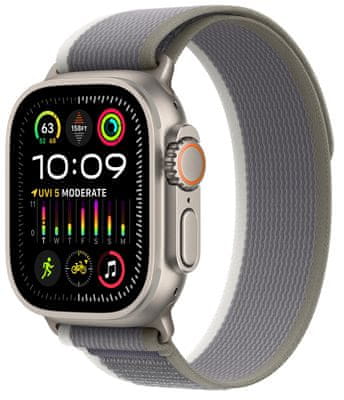 Chytré hodinky Apple Watch Ultra 2 Cellular, 49mm, Retina displej stále zapnutý EKG monitorování tepu srdeční činnosti streaming hudby volání notifikace NFC platby Apple Pay hluk App Store Senzor pro snímání okysličení krve měření fyzické kondice VO2 max siréna ovulace titanové pouzdro 100 metrů voděodolné MIL-STD 810H EN13319 ovládání dvojitým poklepem