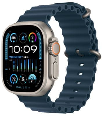 Chytré hodinky Apple Watch Ultra 2 Cellular, 49mm, Retina displej stále zapnutý EKG monitorování tepu srdeční činnosti streaming hudby volání notifikace NFC platby Apple Pay hluk App Store Senzor pro snímání okysličení krve měření fyzické kondice VO2 max siréna ovulace titanové pouzdro 100 metrů voděodolné MIL-STD 810H EN13319 ovládání dvojitým poklepem