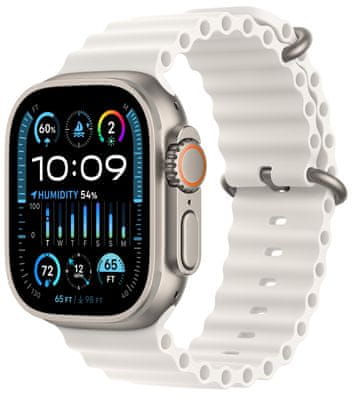 Chytré hodinky Apple Watch Ultra 2 Cellular, 49mm, Retina displej stále zapnutý EKG monitorování tepu srdeční činnosti streaming hudby volání notifikace NFC platby Apple Pay hluk App Store Senzor pro snímání okysličení krve měření fyzické kondice VO2 max siréna ovulace titanové pouzdro 100 metrů voděodolné MIL-STD 810H EN13319 ovládání dvojitým poklepem