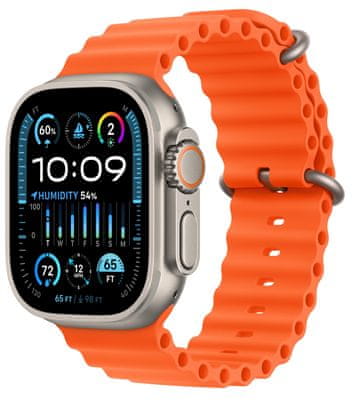 Chytré hodinky Apple Watch Ultra 2 Cellular, 49mm, Retina displej stále zapnutý EKG monitorování tepu srdeční činnosti streaming hudby volání notifikace NFC platby Apple Pay hluk App Store Senzor pro snímání okysličení krve měření fyzické kondice VO2 max siréna ovulace titanové pouzdro 100 metrů voděodolné MIL-STD 810H EN13319 ovládání dvojitým poklepem