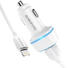 Borofone nabíječka do auta - 2x USB - 2,4A s 1m lightning kabelem - Bílá KP27935