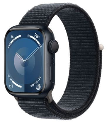 Chytré hodinky Apple Watch Series 9 gps Apple Pay Retina displej voděodolnost WR50 pro plavání detekce autonehody nové funkce fáze spánku SOS volání krytí proti prachu akcelerometr GPS stále zapnutý EKG monitorování tepu srdeční činnosti volání notifikace NFC platby Apple Pay hluk App Store Senzor pro snímání okysličení krve měření fyzické kondice VO2 max ovládání dvojitým poklepáním