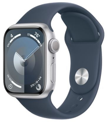 Chytré hodinky Apple Watch Series 9 gps Apple Pay Retina displej voděodolnost WR50 pro plavání detekce autonehody nové funkce fáze spánku SOS volání krytí proti prachu akcelerometr GPS stále zapnutý EKG monitorování tepu srdeční činnosti volání notifikace NFC platby Apple Pay hluk App Store Senzor pro snímání okysličení krve měření fyzické kondice VO2 max ovládání dvojitým poklepáním