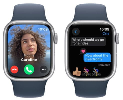 Chytré hodinky Apple Watch Series 9 gps Apple Pay Retina displej voděodolnost WR50 pro plavání detekce autonehody nové funkce fáze spánku SOS volání krytí proti prachu akcelerometr GPS stále zapnutý EKG monitorování tepu srdeční činnosti hudební přehrávač volání notifikace NFC platby Apple Pay hluk App Store Senzor pro snímání okysličení krve měření fyzické kondice VO2 max automatické přivolání pomoci ovládání dvojitým poklepem