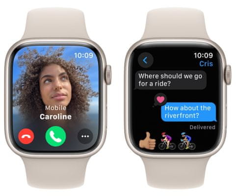 Chytré hodinky Apple Watch Series 9 gps Apple Pay Retina displej voděodolnost WR50 pro plavání detekce autonehody nové funkce fáze spánku SOS volání krytí proti prachu akcelerometr GPS stále zapnutý EKG monitorování tepu srdeční činnosti hudební přehrávač volání notifikace NFC platby Apple Pay hluk App Store Senzor pro snímání okysličení krve měření fyzické kondice VO2 max automatické přivolání pomoci ovládání dvojitým poklepem