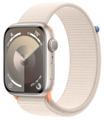 Chytré hodinky Apple Watch Series 9 gps Apple Pay Retina displej voděodolnost WR50 pro plavání detekce autonehody nové funkce fáze spánku SOS volání krytí proti prachu akcelerometr GPS stále zapnutý EKG monitorování tepu srdeční činnosti volání notifikace NFC platby Apple Pay hluk App Store Senzor pro snímání okysličení krve měření fyzické kondice VO2 max ovládání dvojitým poklepáním