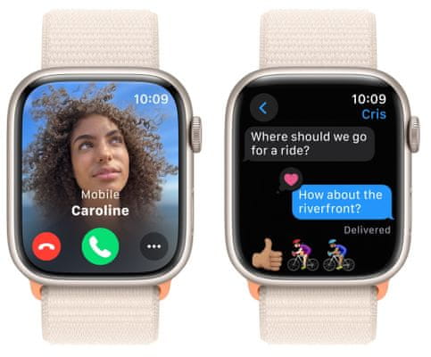 Chytré hodinky Apple Watch Series 9 gps Apple Pay Retina displej voděodolnost WR50 pro plavání detekce autonehody nové funkce fáze spánku SOS volání krytí proti prachu akcelerometr GPS stále zapnutý EKG monitorování tepu srdeční činnosti hudební přehrávač volání notifikace NFC platby Apple Pay hluk App Store Senzor pro snímání okysličení krve měření fyzické kondice VO2 max automatické přivolání pomoci ovládání dvojitým poklepem