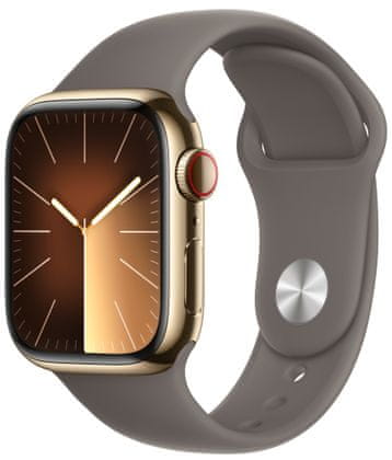 Chytré hodinky Apple Watch Series 9 Cellular Apple Pay Retina displej voděodolnost WR50 pro plavání detekce autonehody nové funkce fáze spánku SOS volání krytí proti prachu akcelerometr GPS stále zapnutý EKG monitorování tepu srdeční činnosti hudební přehrávač volání notifikace NFC platby Apple Pay hluk App Store Senzor pro snímání okysličení krve měření fyzické kondice VO2 max ovládání dvojitým poklepáním Apple Watch Series 9, Cellular, 41mm Stainless Steel