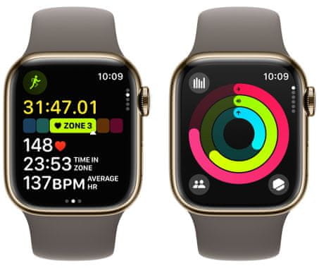 Inteligentné hodinky Apple Watch Series 9 Cellular eSIM funkcia esim obojstranná komunikácia Apple Pay Retina displej vodeodolnosť WR50 pre plávanie detekcia autonehody nové funkcie fázy spánku SOS volanie krytie proti prachu akcelerometer GPS stále zapnutý EKG monitorovanie tepu srdcovej činnosti hudobný prehrávač volanie notifikácia NFC platby Store Senzor na snímanie okysličenia krvi meranie fyzickej kondície VO2 max ovládanie dvojitým poklopaním